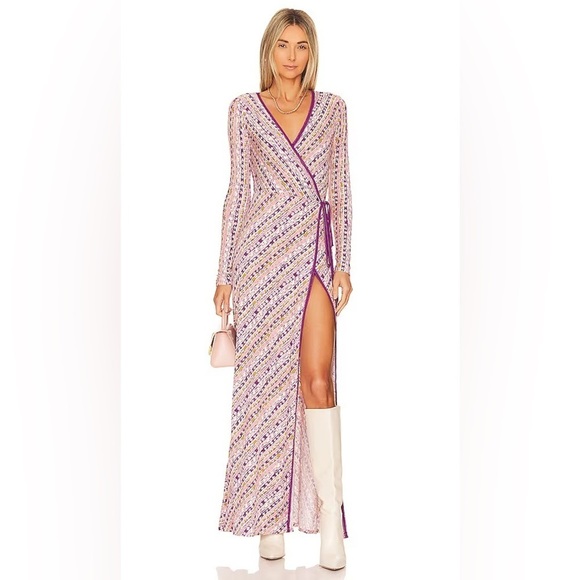 NWT FREE PEOPLE Phoebe Wrap Tie Maxi Dress in Peach Combo, Size XS